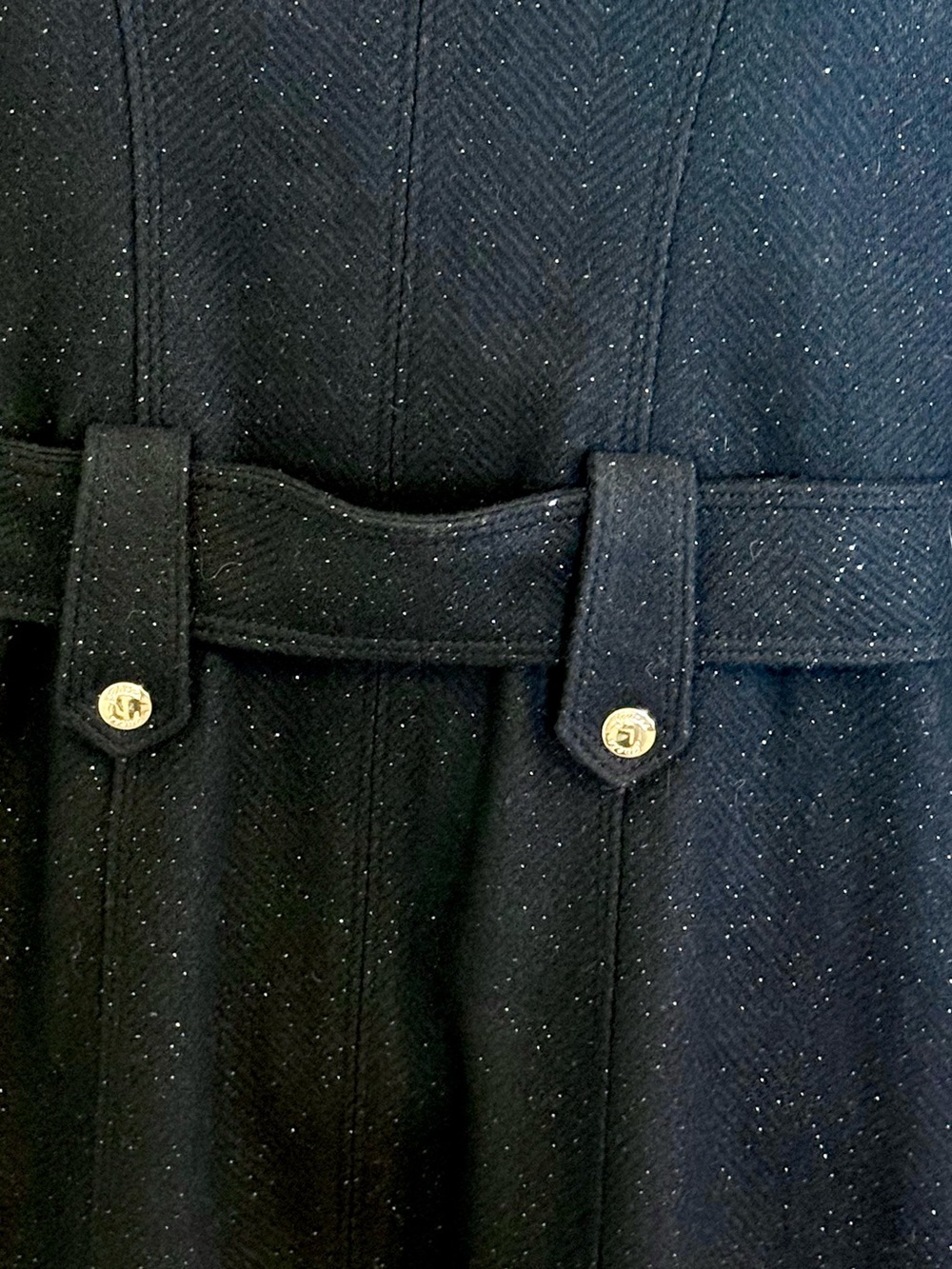 GUESS Black Wool Blend Coat XS Gold Shimmer Sparkle Moto Trench Belted Zip - Picture 9 of 14
